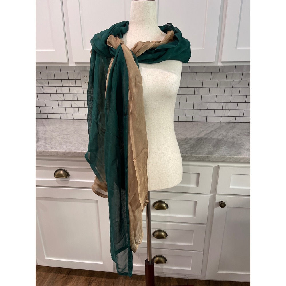 Mid Century Scarf Women OS Green Tan Ombre Sheer Lightweight Long Wrap Accessory